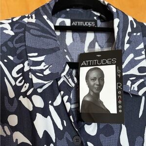 Attitudes by Renée Navy and White Abstract Floral Shirt Dress